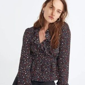 Madewell Silk Long Sleeve Ruffled Hem Wrap Top in Starry Night Small